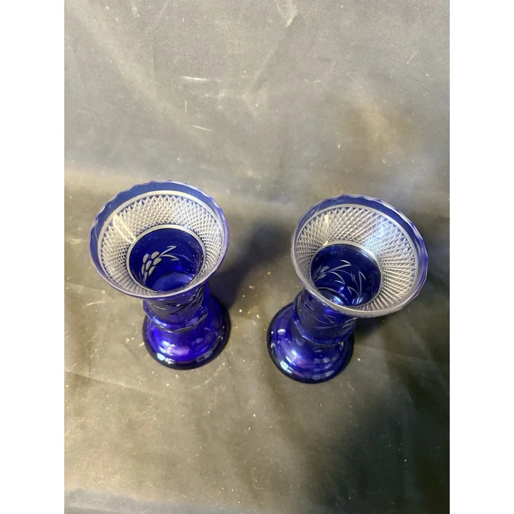 Pair Vintage Bohemian Cobalt Blue Cut Crystal Bud Vases Floral Engraved 7.25